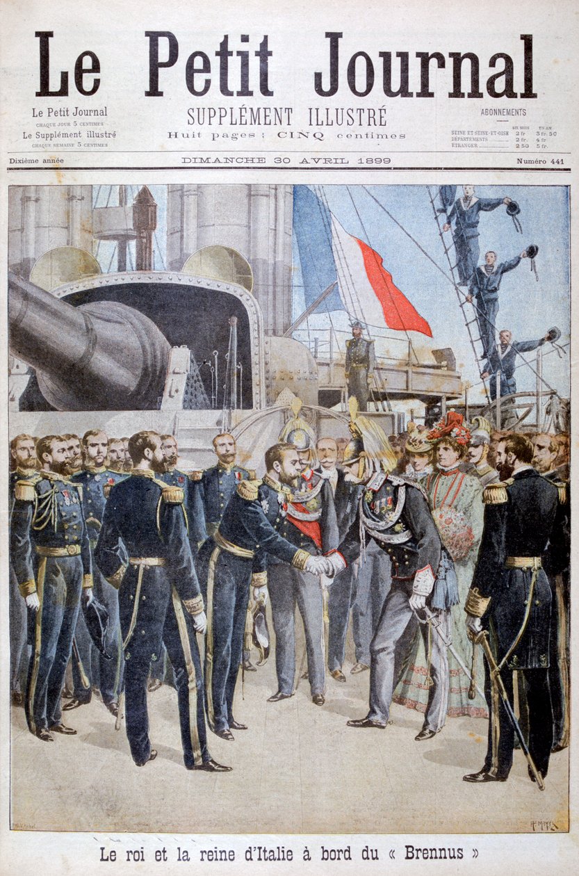 Król królowa Włoch na pokładzie francuskiego pancernika Brennus, 1899 autorstwa Henri Meyer