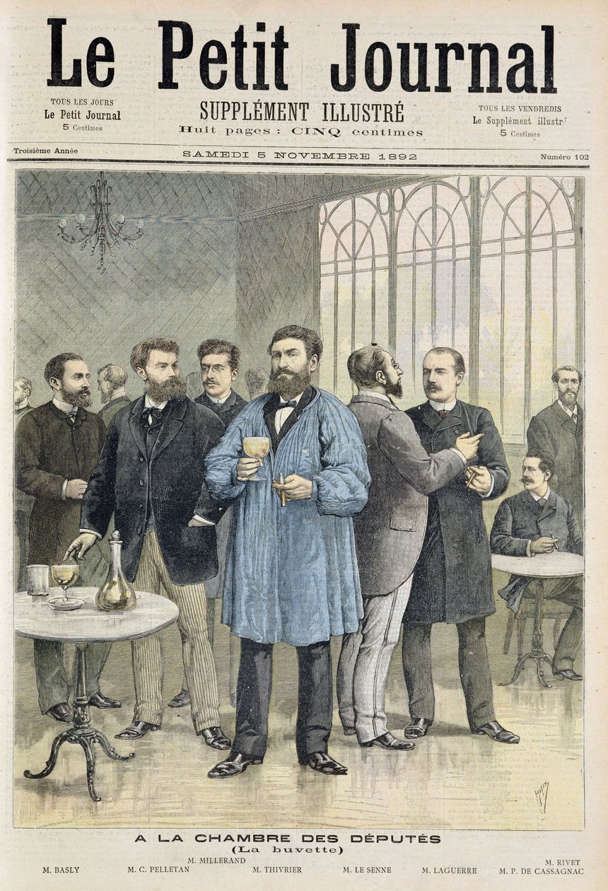 Strona tytułowa przedstawiająca bar w Izbie Poselskiej, ilustracja z ilustrowanego dodatku Le Petit Journal, 5 listopada autorstwa Henri Meyer