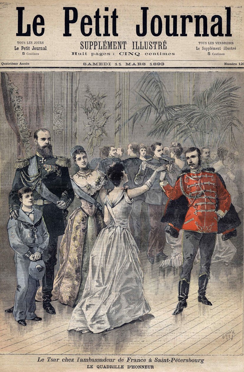 Car Aleksander III u ambasadora Francji hrabiego Montebello w Petersburgu w 1893 r. Siatka honorowa. Okładka Le Petit Journal 1893 (grawerowanie) autorstwa Henri Meyer