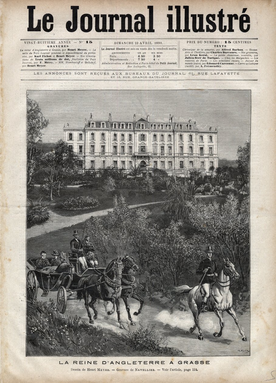 Wiktoria królowa Anglii we Francji w kwietniu 1891: Spacer w Grasse - Królowa Wiktoria a Grasse we Francji w kwietniu 1891 - Okładka „The Illustrous Journal” z 1891 – Rysunek Henri Meyera (1844-1899) autorstwa Henri Meyer