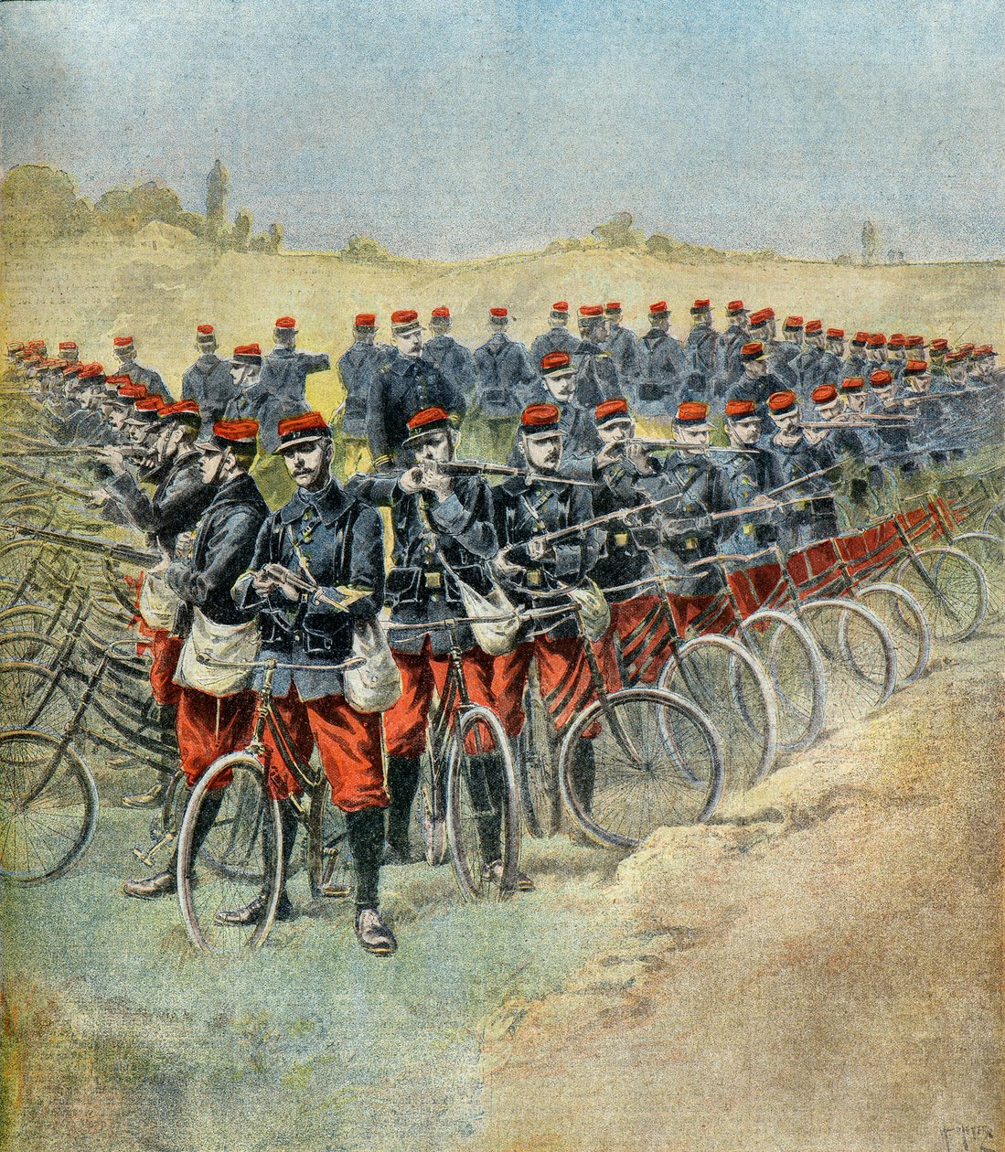 główne manewry armii francuskiej: compagnie cyclistes en carre autorstwa Henri Meyer