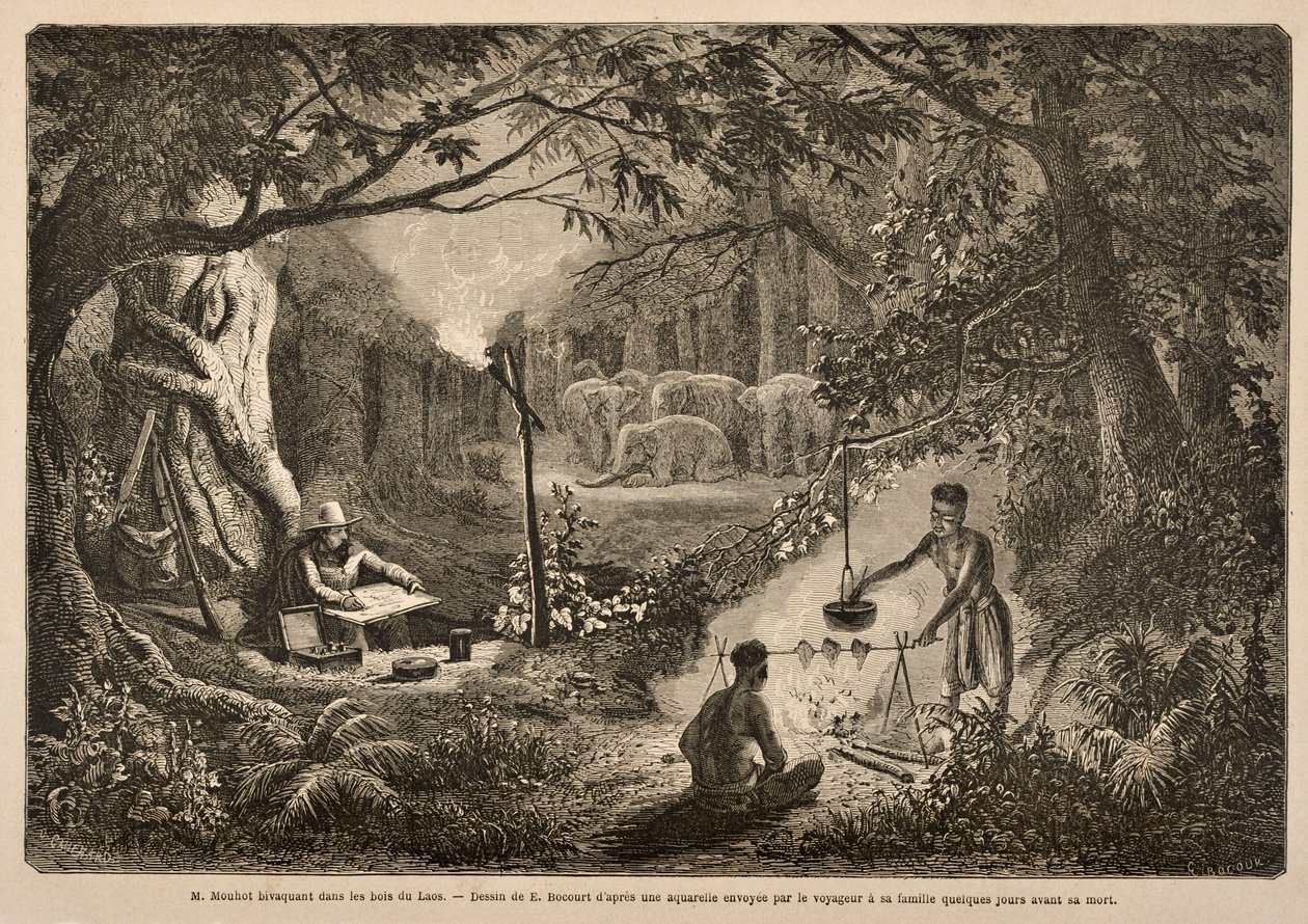 Henri Mouhot Camping w dżungli Laosu, ilustracja z „Podróże po centralnych częściach Indochin (Syjamu), Kambodży i Laosu w latach 1858, 1859 i 1860” autorstwa M. Henri Mouhota, opublikowano autorstwa Henri Mouhot