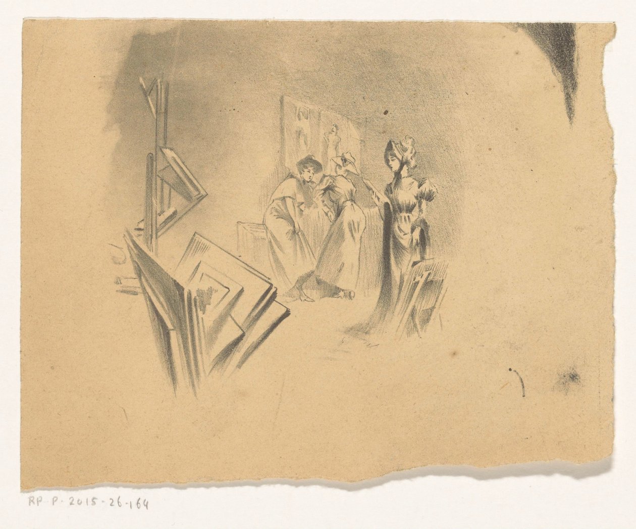 Trzy kobiety oglądają odbitki w studiu autorstwa Henri Patrice Dillon (possibly)