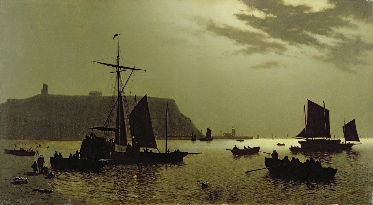 Scarborough Castle Hill and Harbor przy Moonlight, 1876 autorstwa Henri Philippe Neumans