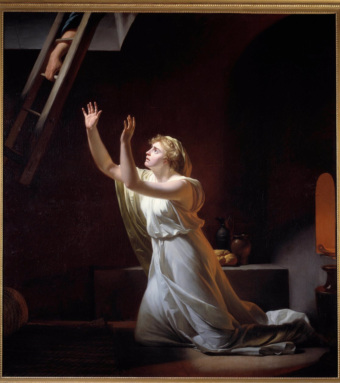 Tortura westalki. Westalka, rzymska czarodziejka trzymana w czystości, zamieszkała żywcem w piwnicy za swoje przewinienie. Obraz Henri Pierre Danloux (1753-1809) 1790 Nd. 1,6x1,45 m - Tortura westalki. Westalka, rzymska kapłanka, utkana do życia autorstwa Henri Pierre Danloux