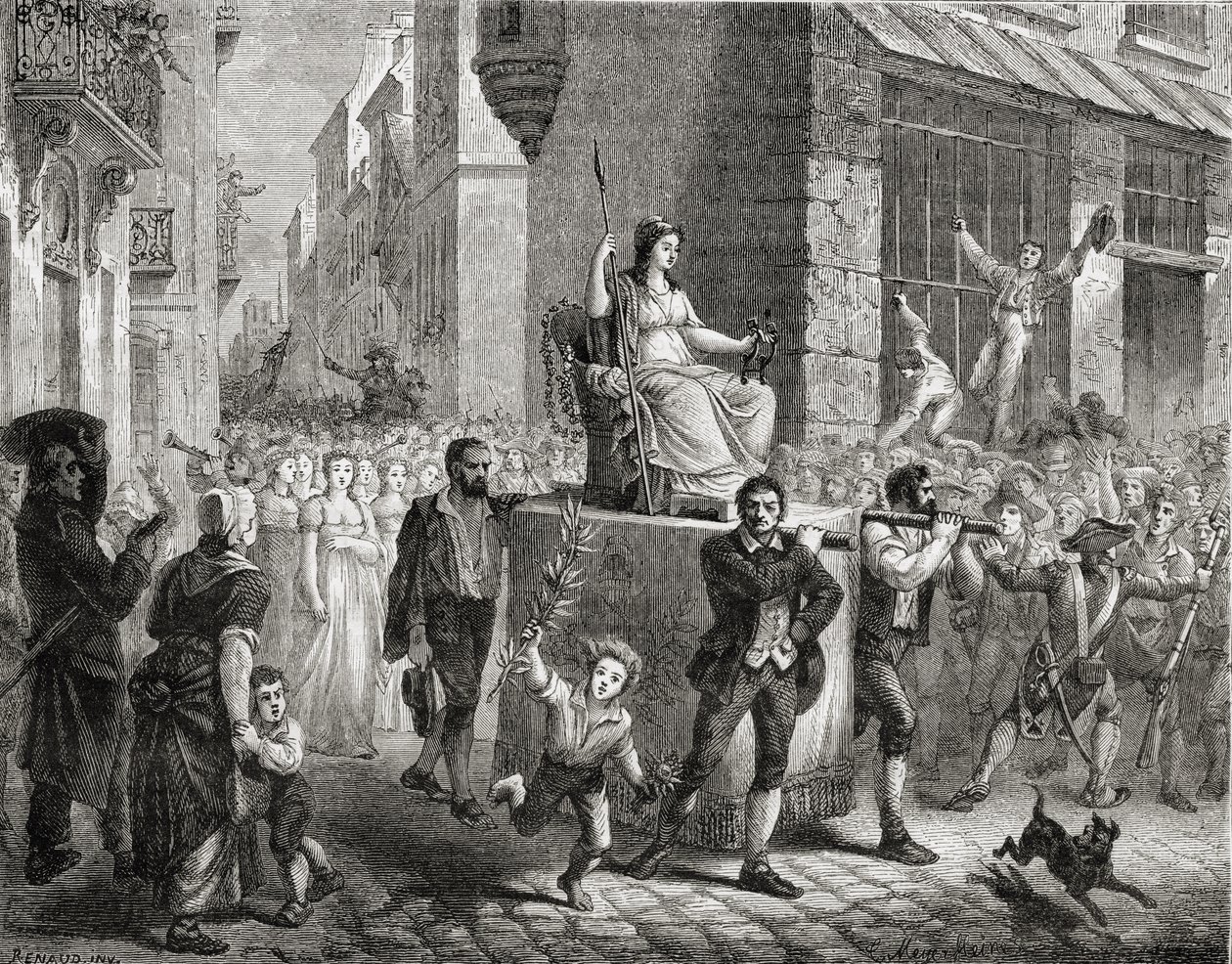 Procesja Bogini Rozumu, 10 listopada 1793, z „Histoire de la Revolution Francaise” Louisa Blanca (1811–82), rytego przez Meyera-Heine’a, 1847–1862 autorstwa Henri Renaud