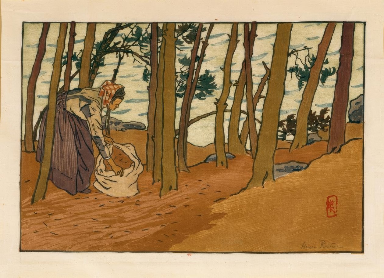 Kobieta zbierająca igły sosnowe (Bords du Trieux, Loguivy) autorstwa Henri Rivière