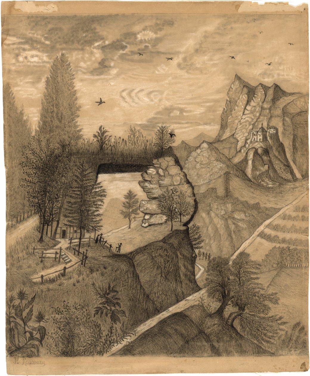 Turyści wspinający się do schroniska górskiego autorstwa Henri Rousseau
