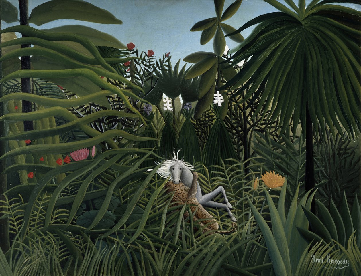 Jaguar atakujący konia, 1910 autorstwa Henri Rousseau
