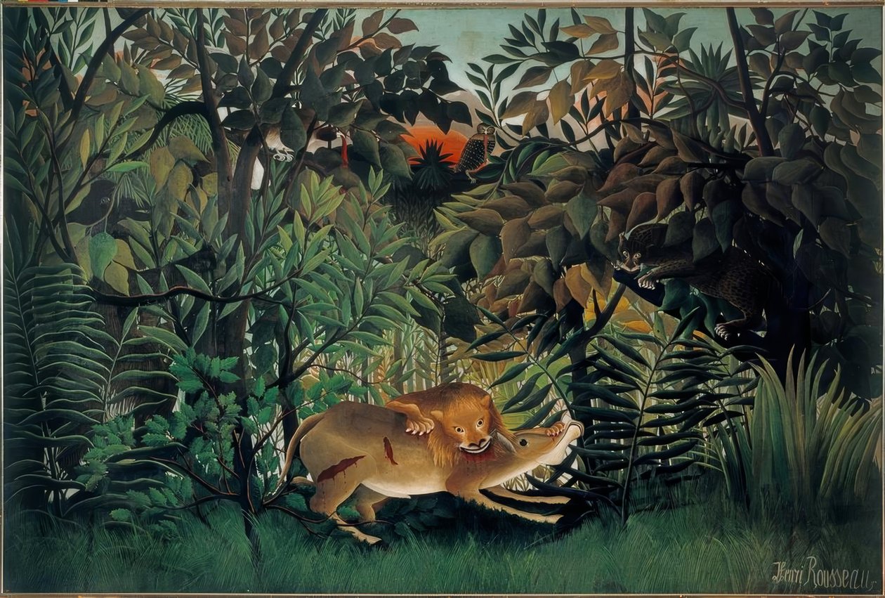 Lew, głodny, rzuca się na Antylopę autorstwa Henri Rousseau