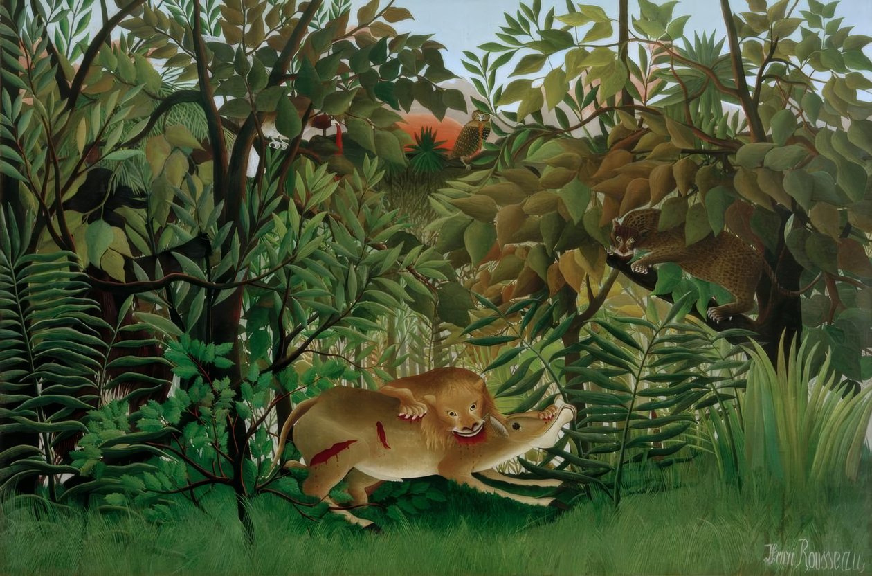 Lew, głodny, rzuca się na Antylopę autorstwa Henri Rousseau