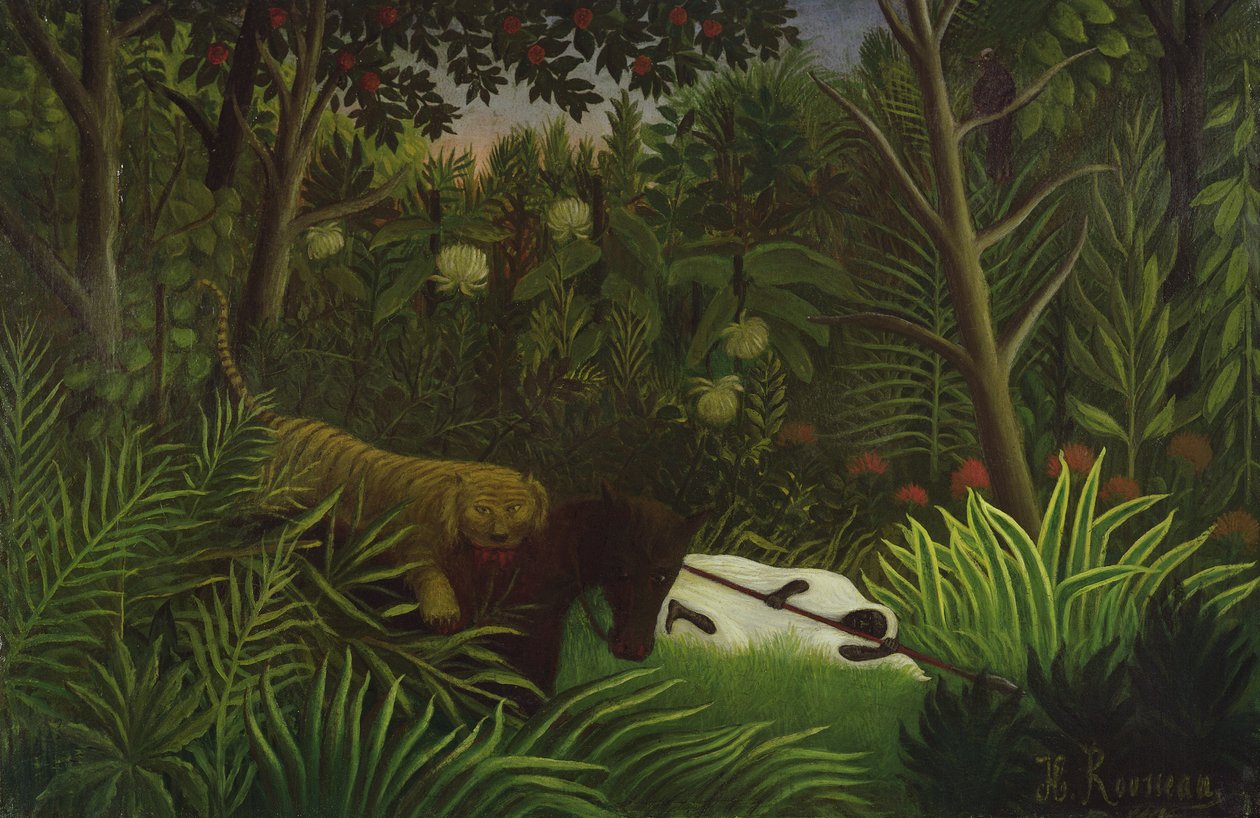 Tygrys atakujący konia i śpiący czarny człowiek autorstwa Henri Rousseau