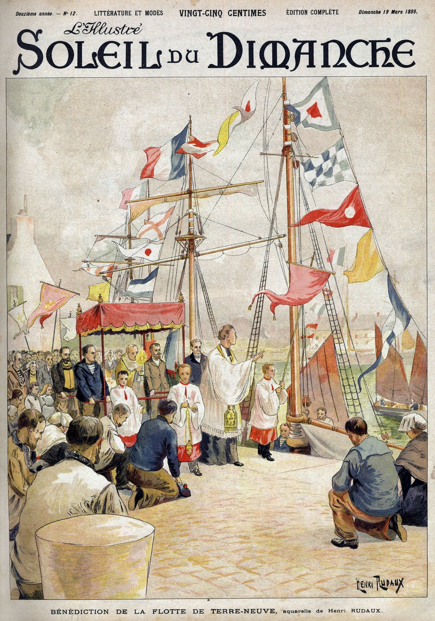 Błogosławieństwo floty nowofundlandzkiej Henri Rudaux. Grawerowanie w „”Le sun-du-dimanche”, 19 marca autorstwa Henri Rudaux