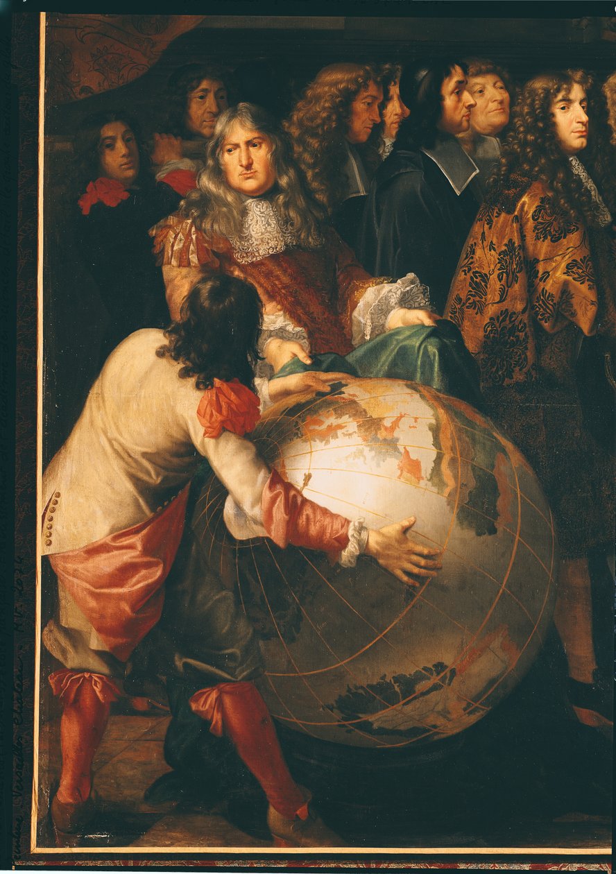 Jean-Baptiste Colbert (1619-83) Przedstawienie członkom Królewskiej Akademii Nauk Ludwikowi XIV (1638-1715) szczegół lewej strony, ok. 1667 (detal z 104626) autorstwa Henri Testelin