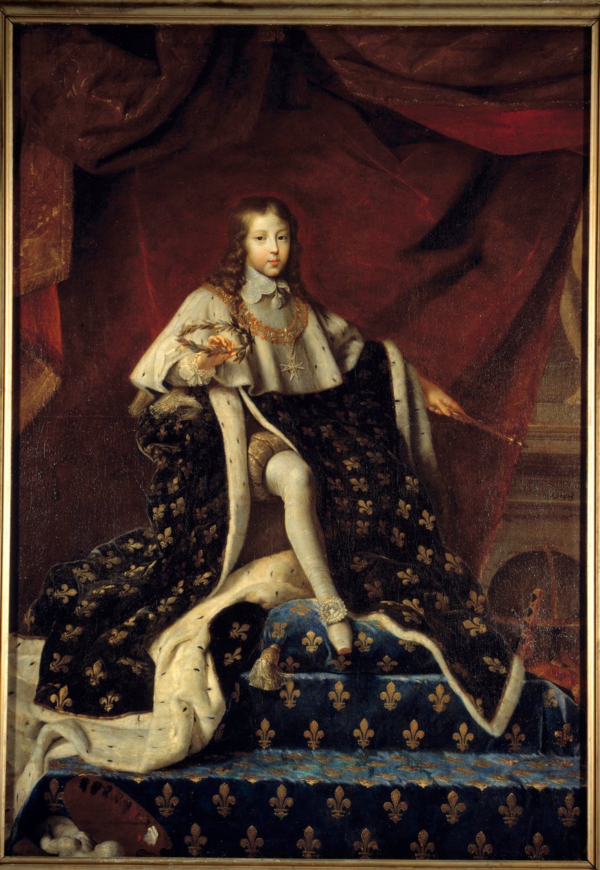Ludwik XIV miał 10 lat (1638-1715), reprezentowany na tronie w 1648 roku w wielkim królewskim płaszczu, protektor Królewskiej Akademii Malarstwa i Rzeźby, otoczony atrybutami nauki i sztuki. Obraz Henri Testelina (1616 - 1695) (h s/t 2. autorstwa Henri Testelin