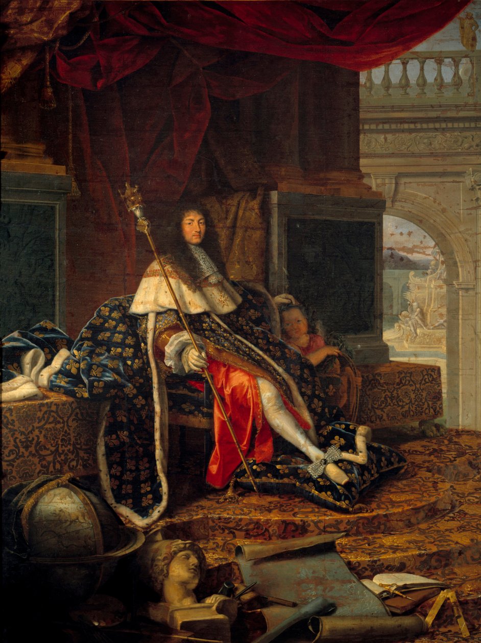 Portret Ludwika XIV (1638 - 1715) króla Francji, protektora Królewskiej Akademii Malarstwa i Rzeźby, z berłem Karola V dit de Charlemagne. Obraz Henri Testelina (1616-1695) autorstwa Henri Testelin