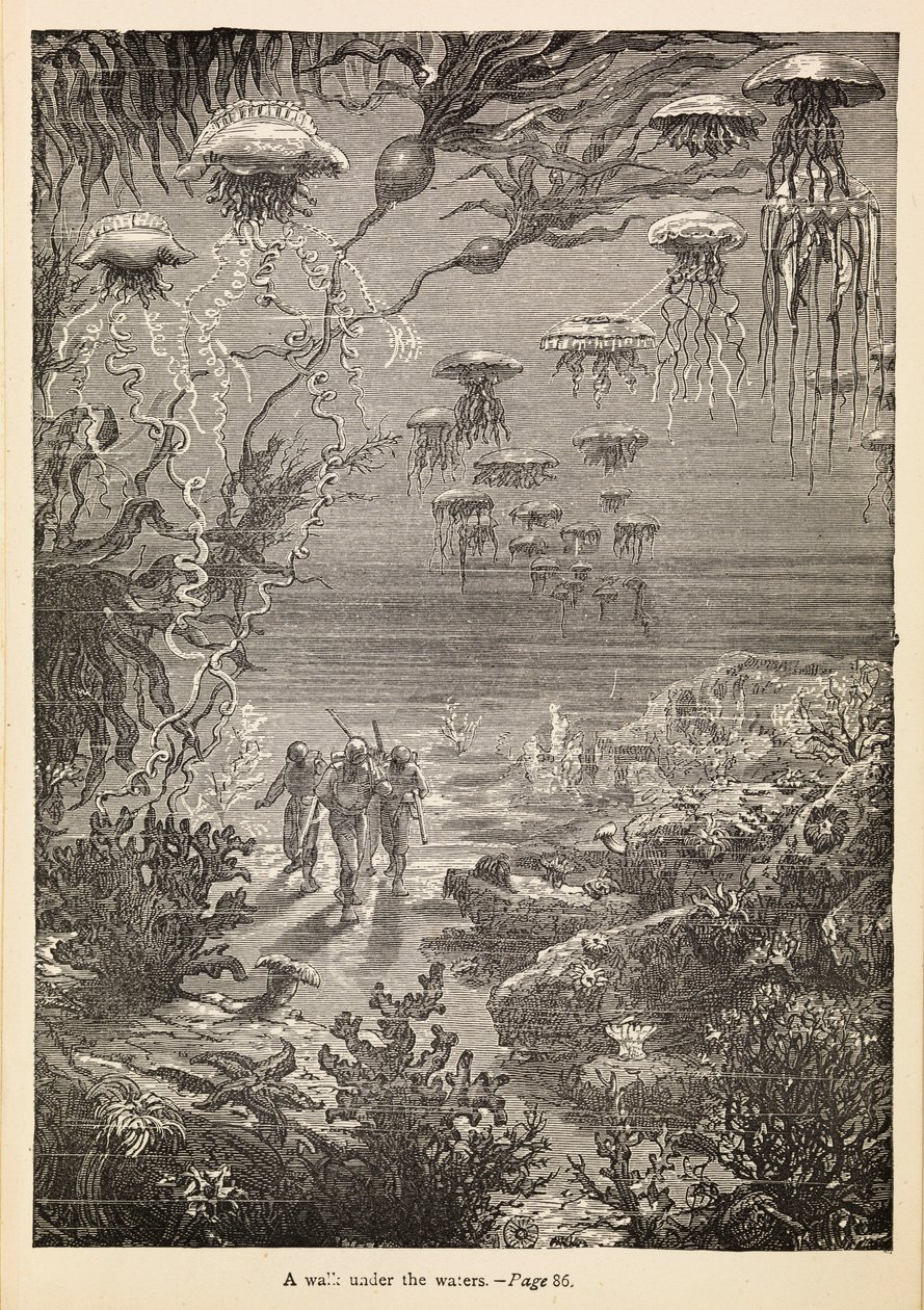 "Spacer pod wodą" z filmu "20 000 mil podmorskiej żeglugi", ok. 1870 r. (rycina) autorstwa Henri Theophile Hildibrand