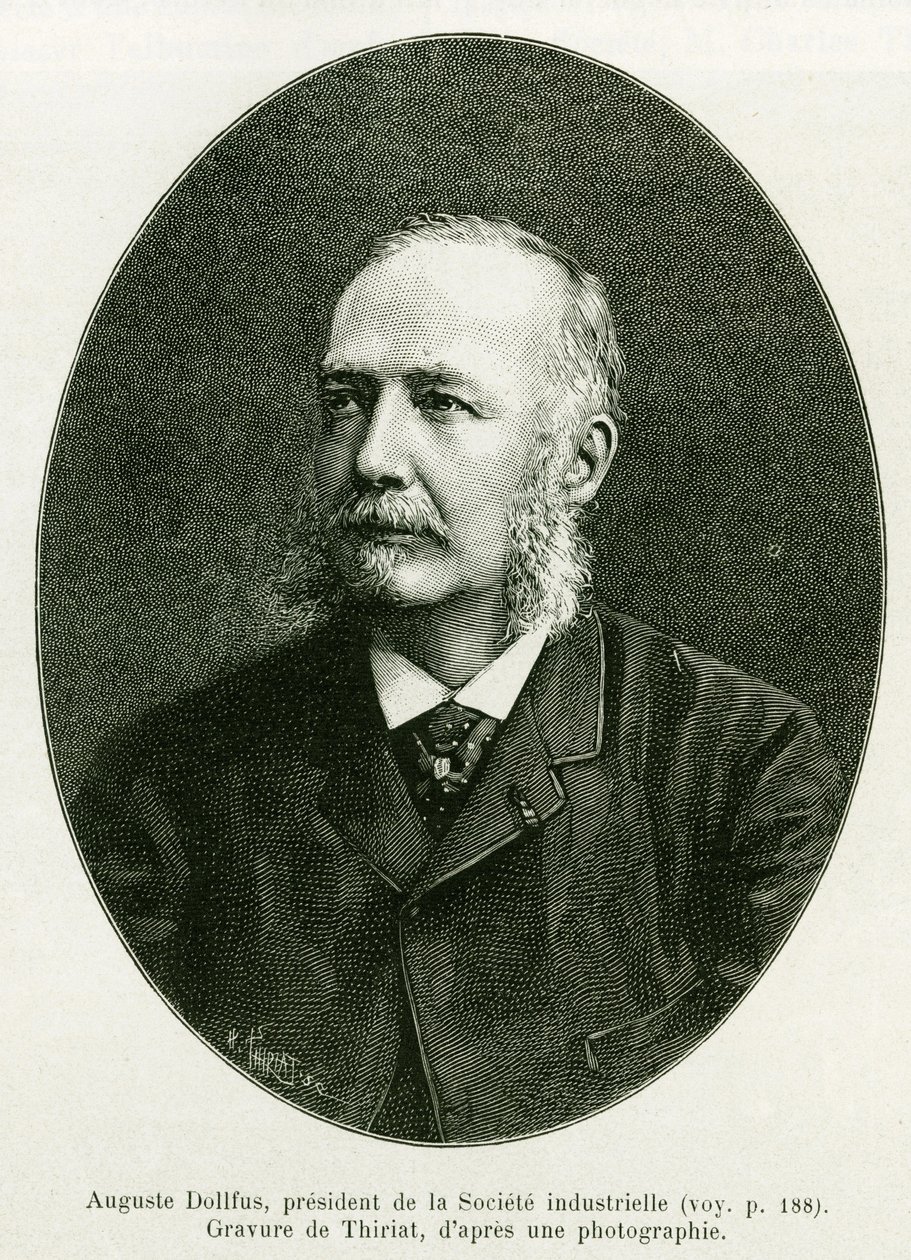 Auguste Dollfus, prezes przedsiębiorstwa przemysłowego Dollfus Mieg. Grawerowanie autorstwa Thiriata ilustrujące opowiadanie A Through Alsace and Lorraine, autorstwa Charlesa Grada, niemieckiego zastępcy, w 1885 roku, w tour du monde 1886, pod kierunkiem E autorstwa Henri Thiriat