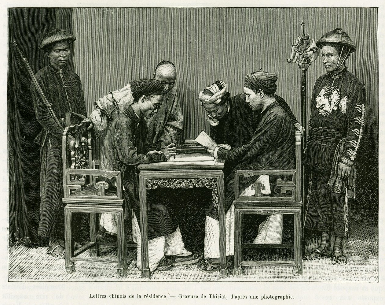 Chińskie listy z francuskiej rezydencji w Hanoi. Grawerowanie autorstwa Thiriata, po fotografii, ilustrujące historię Trente mois au Tonkin w 1884 r. autorstwa doktora Hocquarda, in le tour du monde 1889, reżyseria: Edouard Charton (1807-1890), Hachette, P autorstwa Henri Thiriat