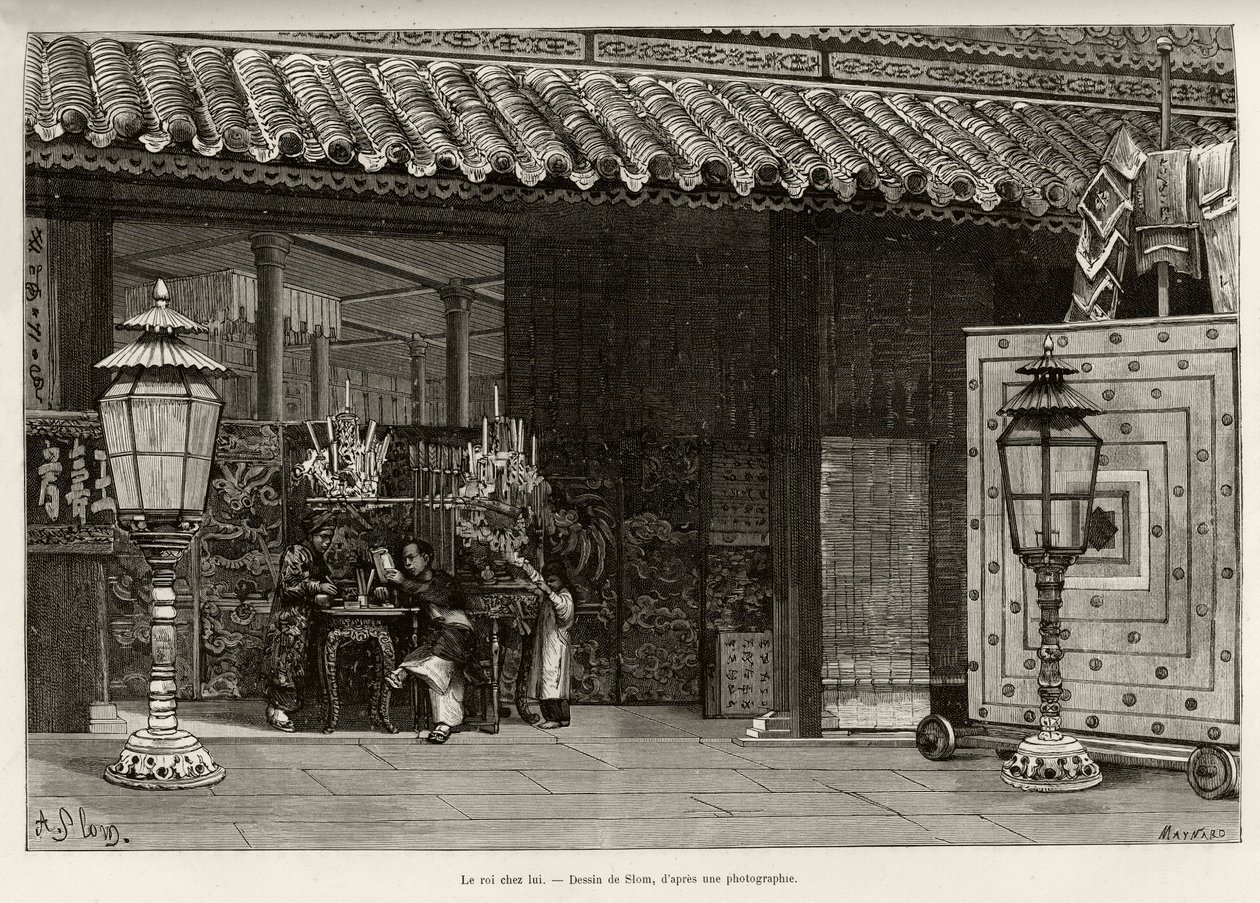 King Dong Khanh (1864-1889) Cesarz Annamu, dom w cesarskim mieście Hue (Wietnam). Grawerowanie autorstwa Thiriata, ilustrujące historię „Trente mois au Tonkin” autorstwa dr. Charlesa Edouarda Hocquarda (1853-1911), w 1885 r. w Le tour du monde, nouveau jou autorstwa Henri Thiriat