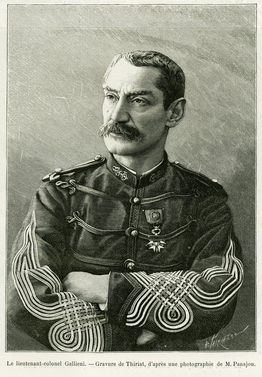 Podpułkownik Joseph Gallieni (1849-1916). Grawerowanie autorstwa Thiriata, ilustrujące historię Dwie kampanie we francuskim Sudanie autorstwa Henri Thiriat