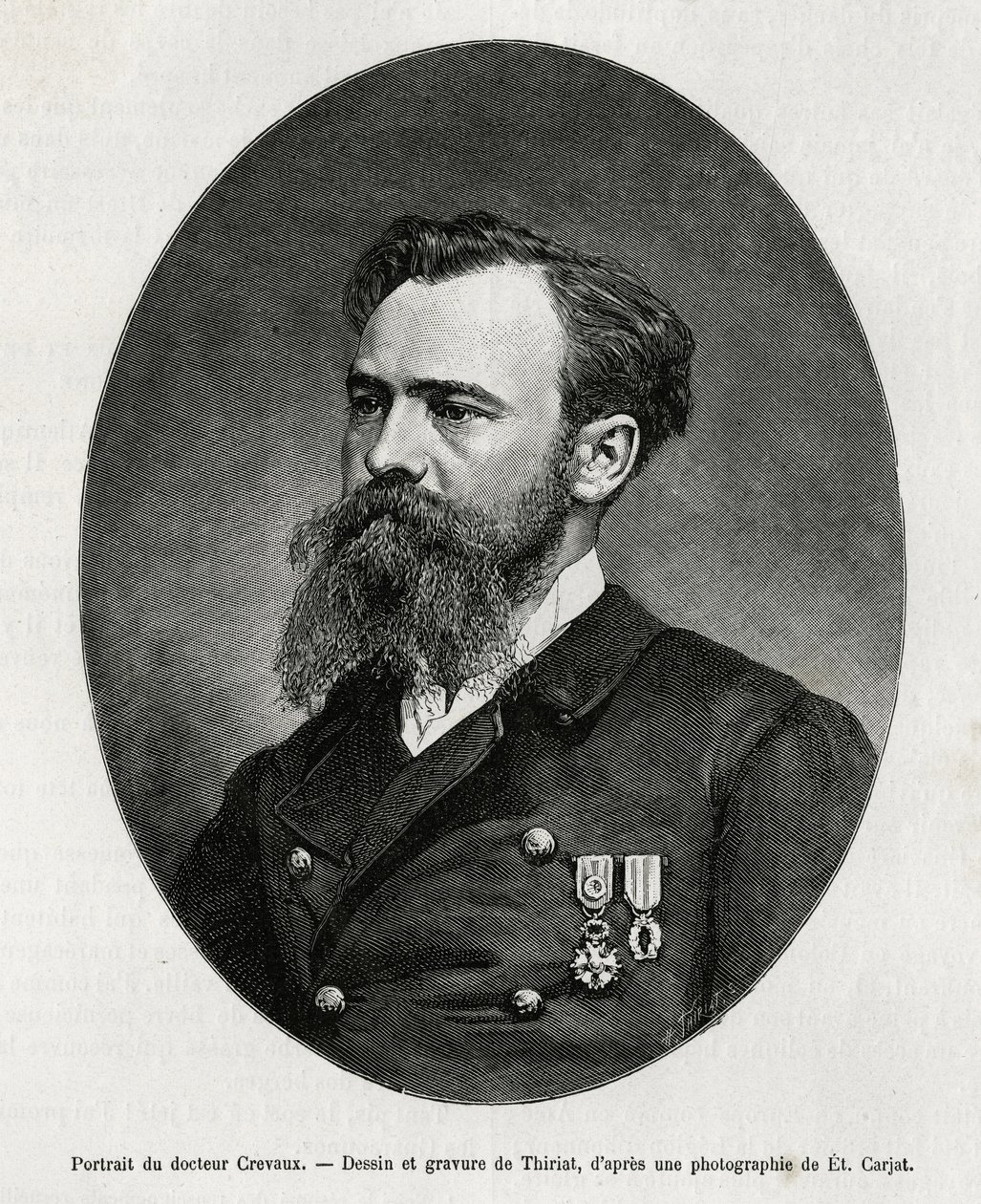 Portret dr. Julesa Nicolasa Crevaux (1847-1882), lekarza i badacza Ameryki Południowej (od Gujany Francuskiej po Argentynę), bardzo interesował się badaniem obyczajów i historią społeczności, które spotkał podczas swoich podróży, redygował liczne książki autorstwa Henri Thiriat