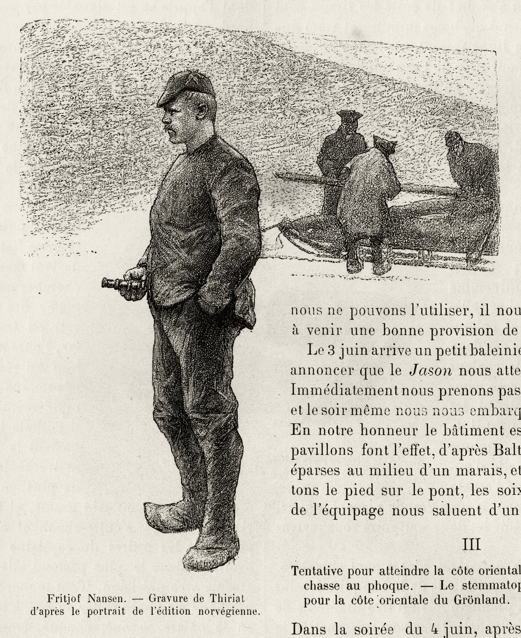 Portret Fridtjofa Nansena (1861-1930) norweskiego polarnika. Grawer Thiriata, ilustrujący opowiadanie „La premiere traversee du Greenland” Fridtjofa Nansena (1861-1930), w 1888 r. w Le tour du monde, nouveau journal des voyages, pod redakcją Edo autorstwa Henri Thiriat