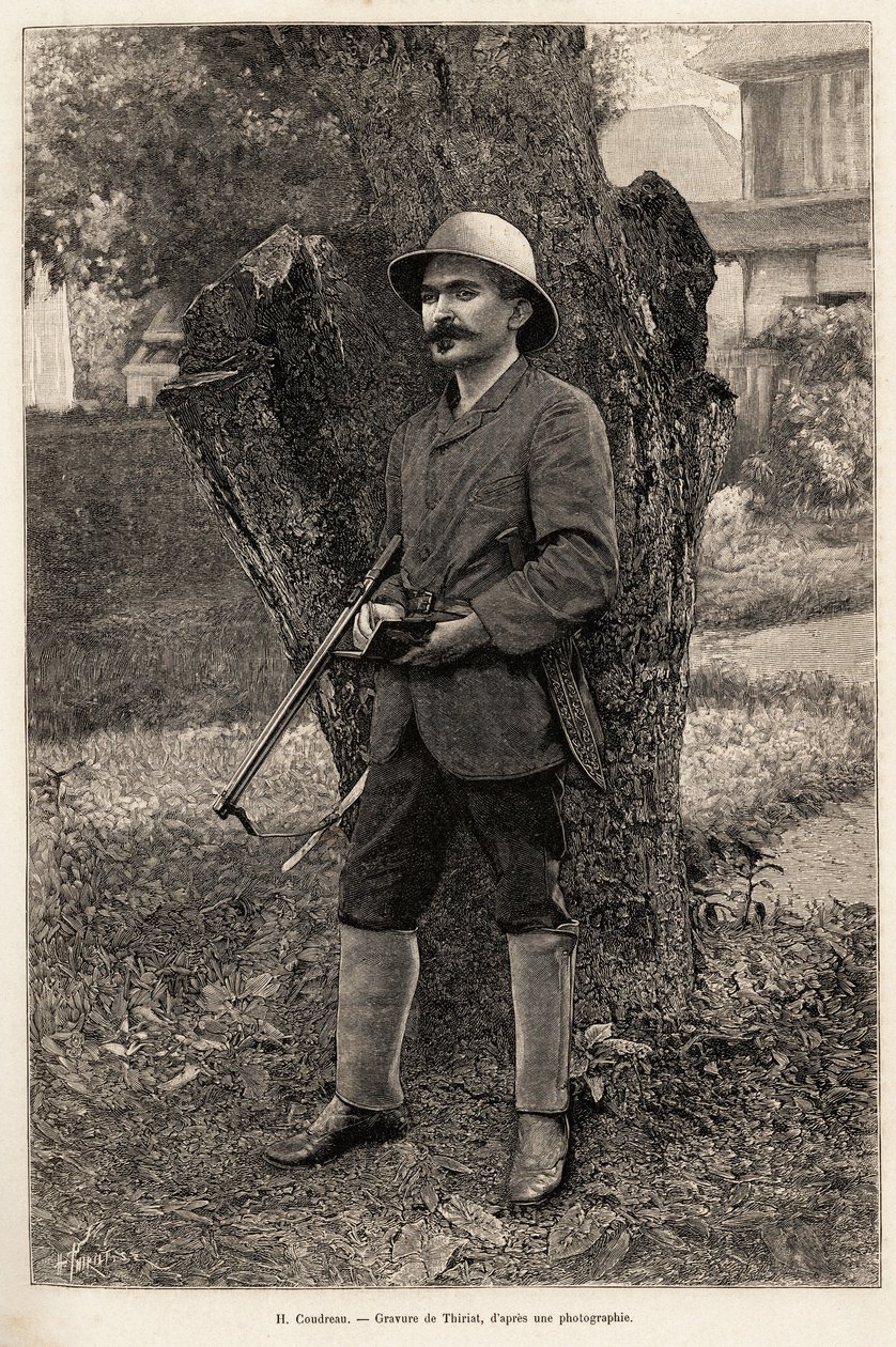 Portret Henri Coudreau (1859-1899), profesora geografii i badacza Amazonki (Brazylia). Grawer autorstwa Thiriata ilustrujący historię „” wśród naszych Indian, cztery lata podróży po Gujanie Francuskiej”” autorstwa Henri Thiriat