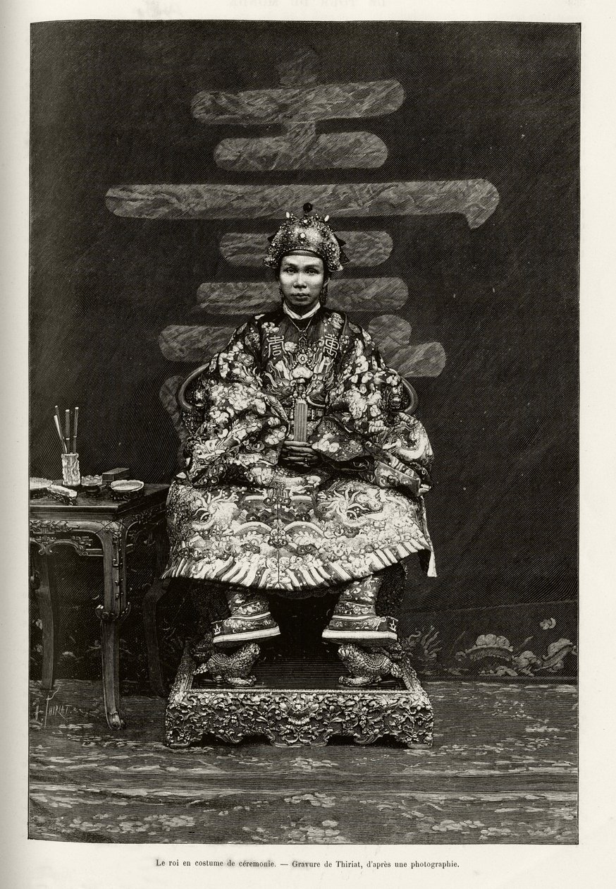 Portret króla Dong Khanha (1864-1889) cesarza Annam, w ceremonialnym stroju. Grawerowanie autorstwa Thiriata, ilustrujące historię „Trente mois au Tonkin” autorstwa dr. Charlesa Edouarda Hocquarda (1853-1911), w 1885 r. w Le tour du monde, nouveau journal  autorstwa Henri Thiriat