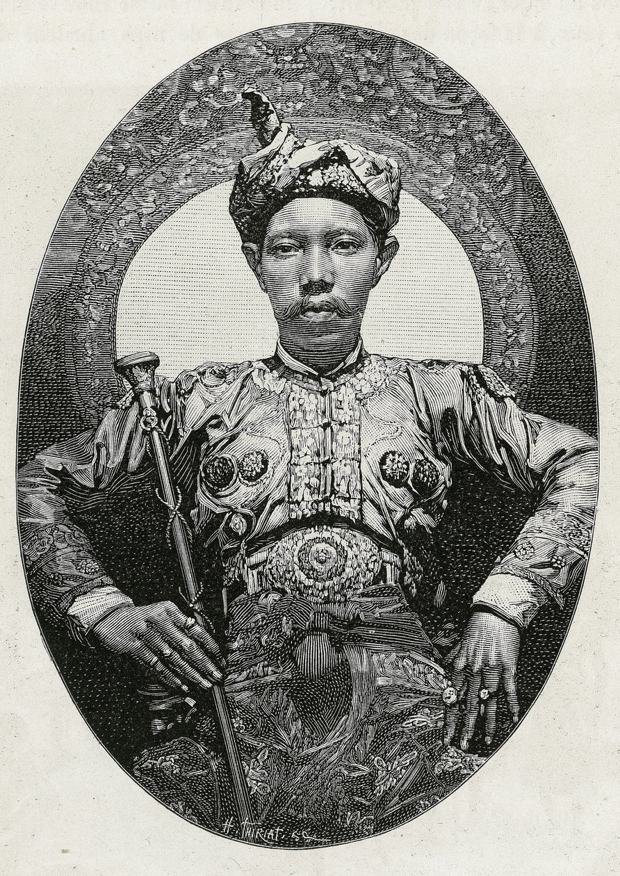 Portret Mohammeda Yamalula Alama, sułtana Soulou (lub Sulu) (Filipiny), w 1880 roku. Grawerowanie wykonane przez Thiriata, aby zilustrować historię „”Podróż na Filipiny”” autorstwa Henri Thiriat
