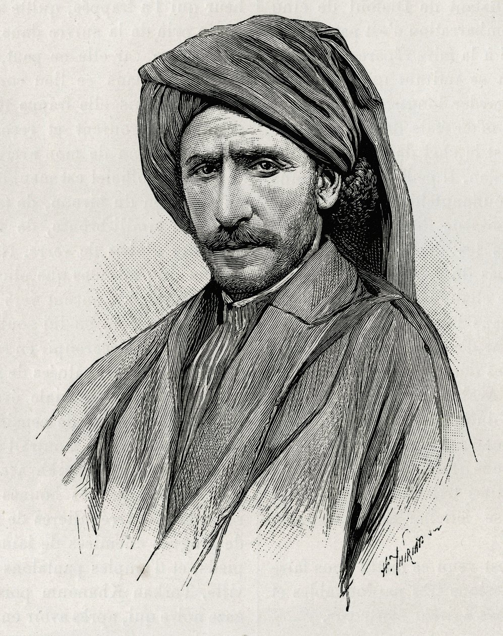Portret szejka Mojżesza, najpotężniejszego przywódcy plemiennego Arabistanu (lub półwyspu arabskiego). Grawer autorstwa Thiriata, ilustrujący historię „Persja, Chaldee i Susiane”” autorstwa Henri Thiriat