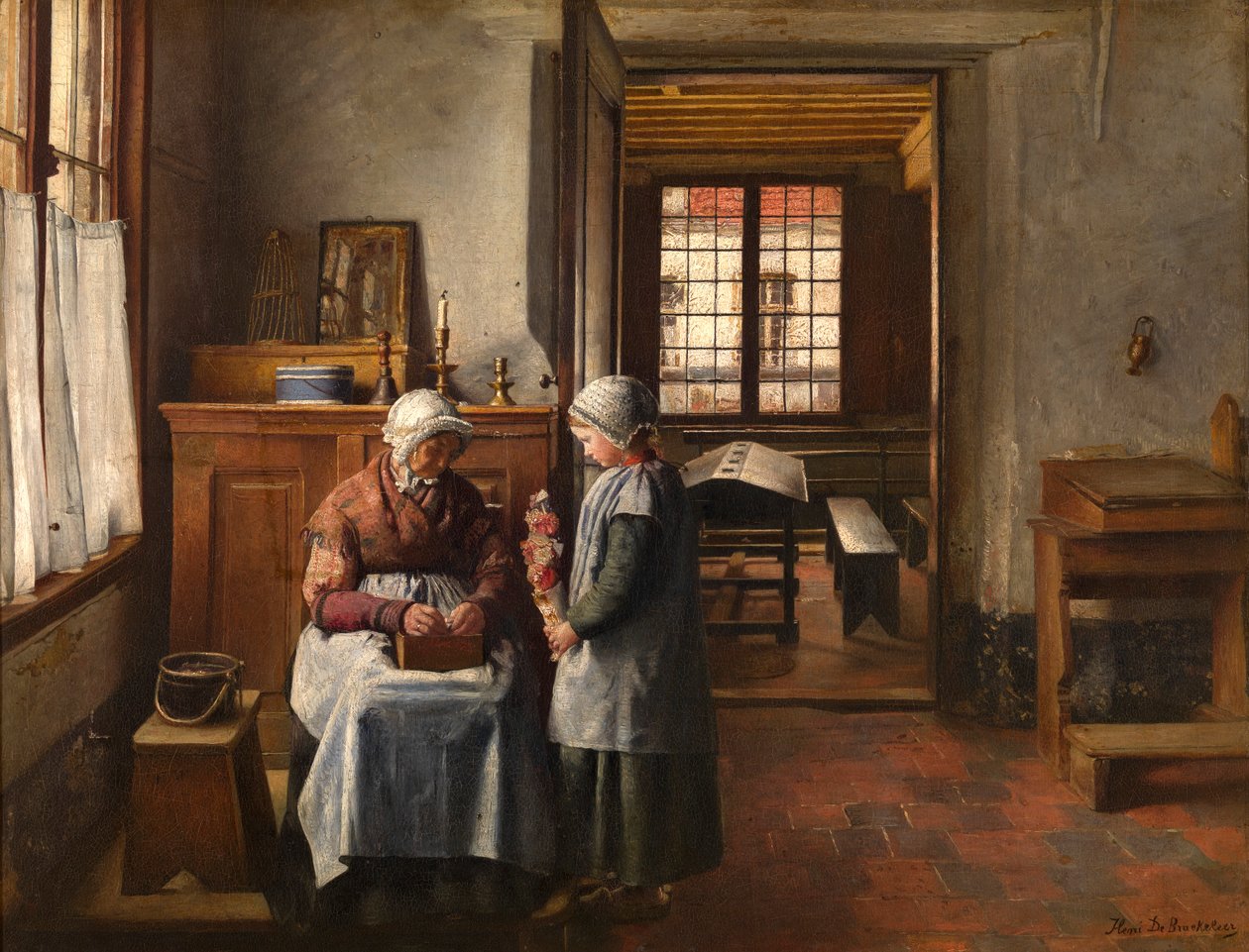Festa da Avó (óleo sobre tela, montado em painel)polonês autorstwa Henri de Braekeleer