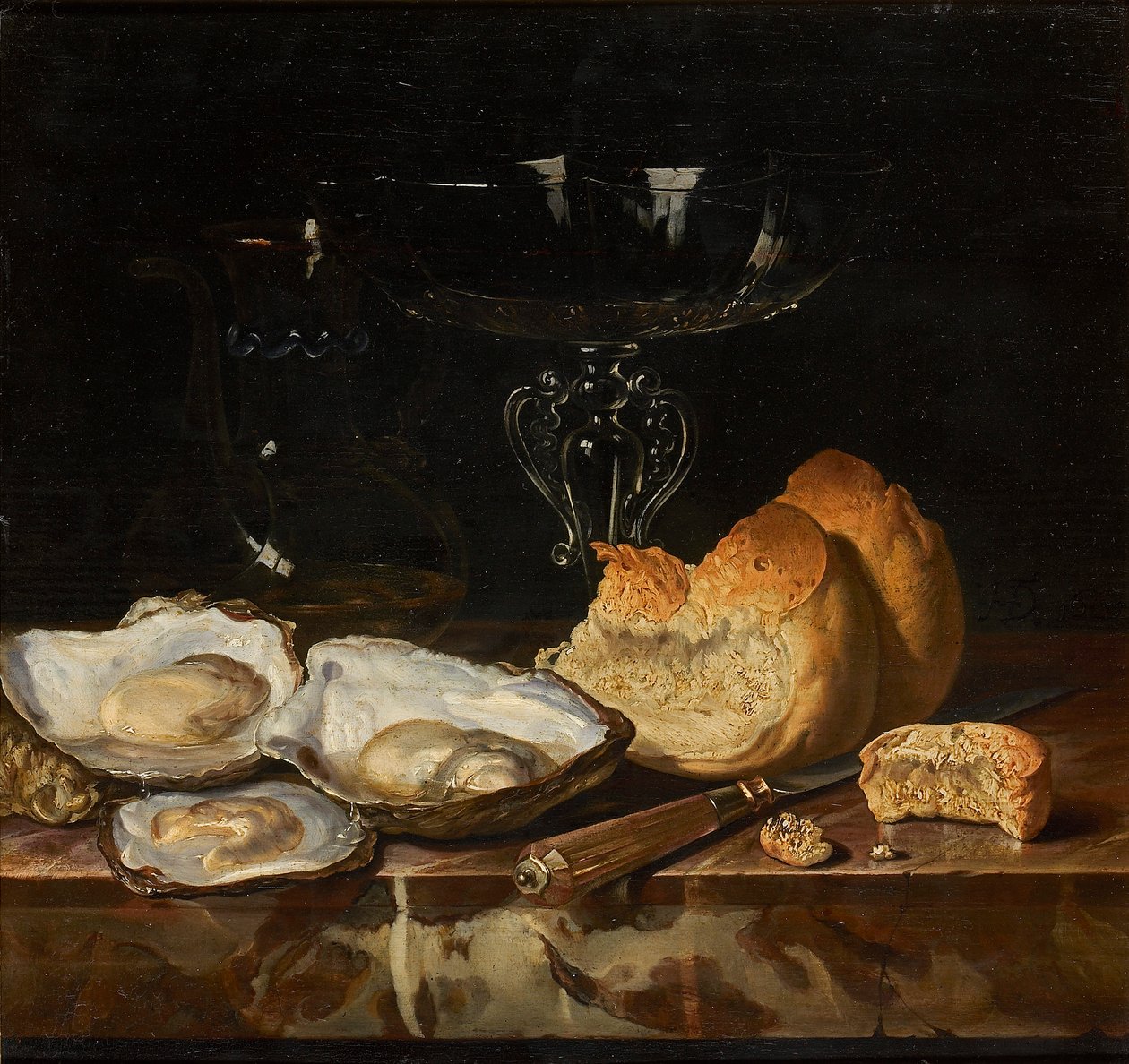 Martwa natura z ostrygami, chlebem i weneckim kieliszkiem do wina, 1661. autorstwa Henri de Fromantiou