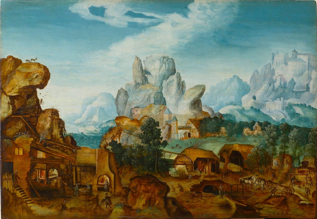Skalisty krajobraz z kuźnią Ucieczka do Egiptu przed 1550 rokiem. autorstwa Henri de Herri met de Bles