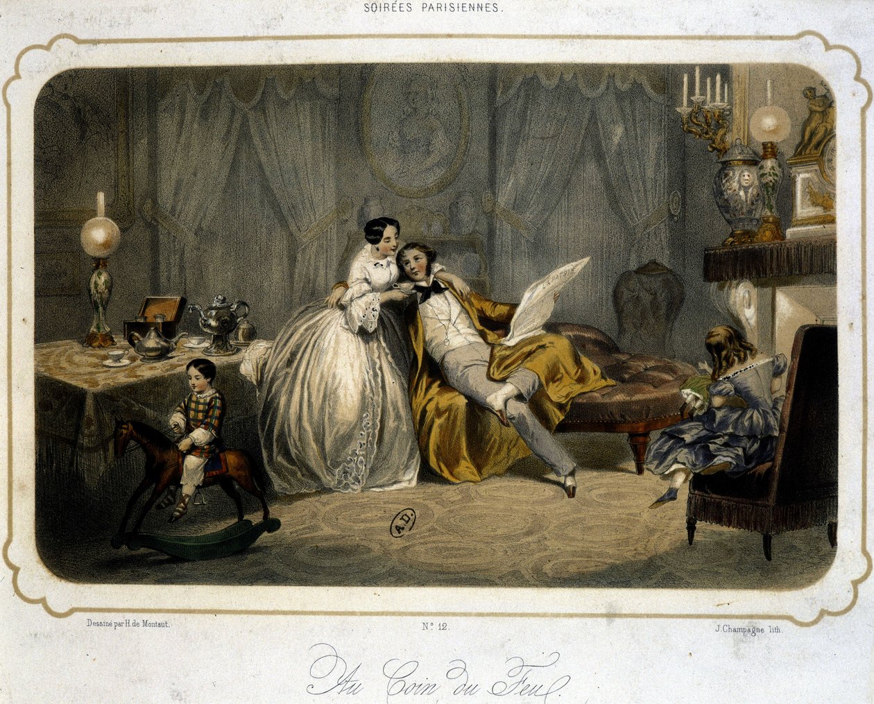 Rodzina mieszczańska odpoczywająca w salonie - litografia, w.1820. autorstwa Henri de Montaut