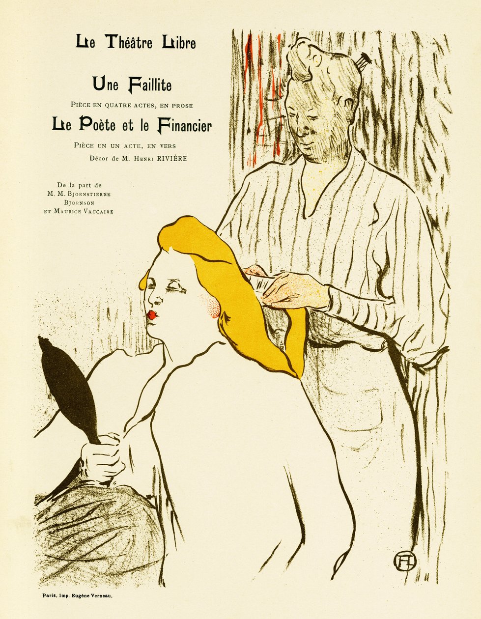 Blondynka patrzy na siebie w lustrze podczas układania włosów. Plakat do Une faillite et Le Poete et le Financier, sztuk teatralnych reprezentowanych w 1893 w Wolnym Teatrze utworzonym w 1887 przez Andre Antoine (1858-1943), Illustration en lithogr autorstwa Henri de Toulouse Lautrec