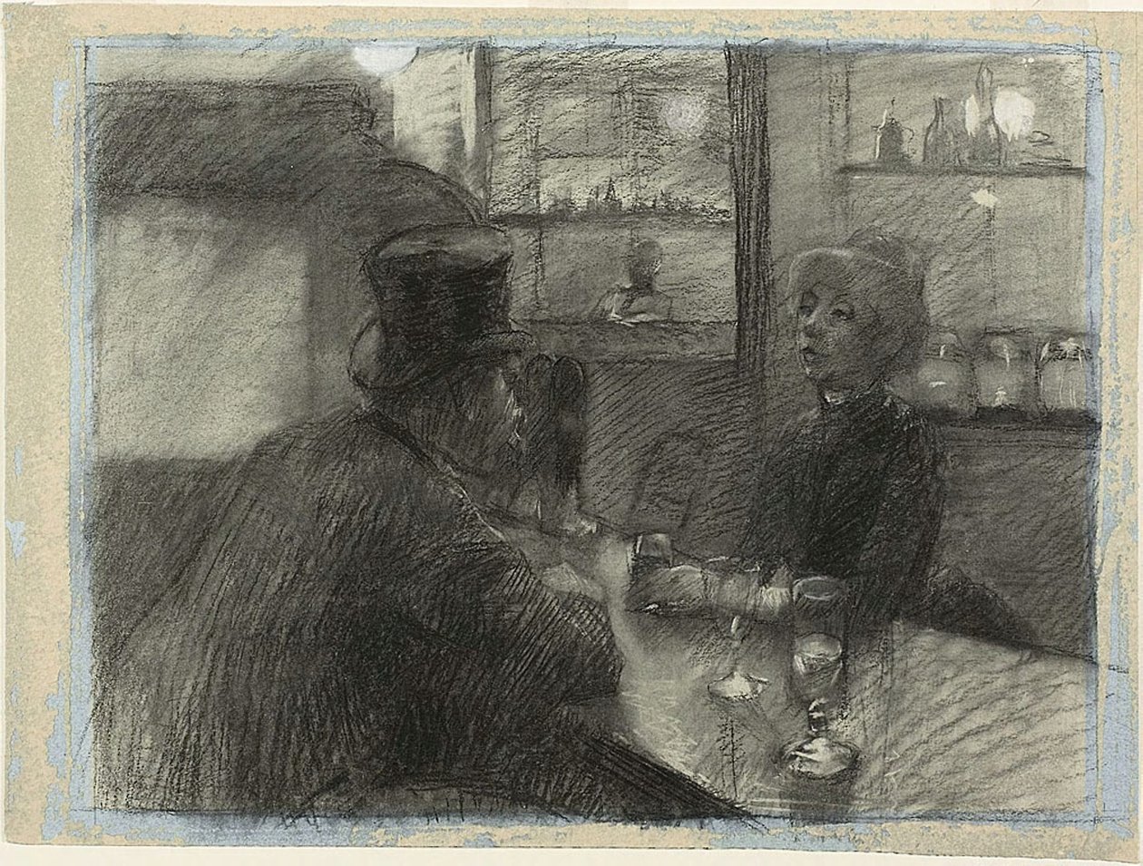 Bar kawiarni przy rue de Rome, ok. 1886 r. (węgiel drzewny i biała kreda na niebieskim papierze tkanym) autorstwa Henri de Toulouse Lautrec