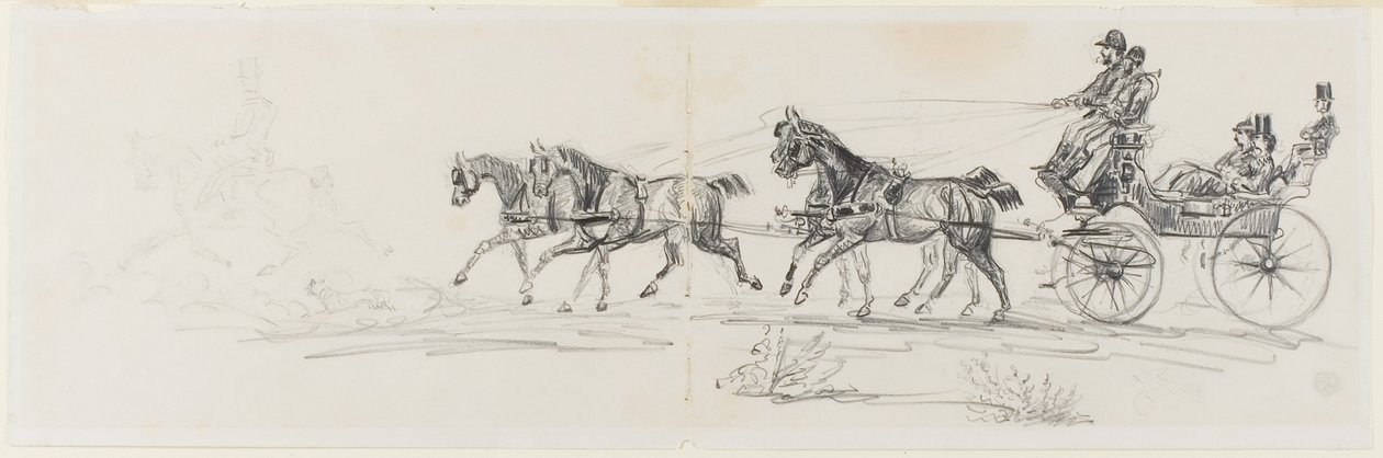 bryczka konna poprzedzona pojedynczym jeźdźcem (recto); Mężczyzna na koniu z kocem i szkicami głów, koni i łuku triumfalnego (verso) autorstwa Henri de Toulouse-Lautrec