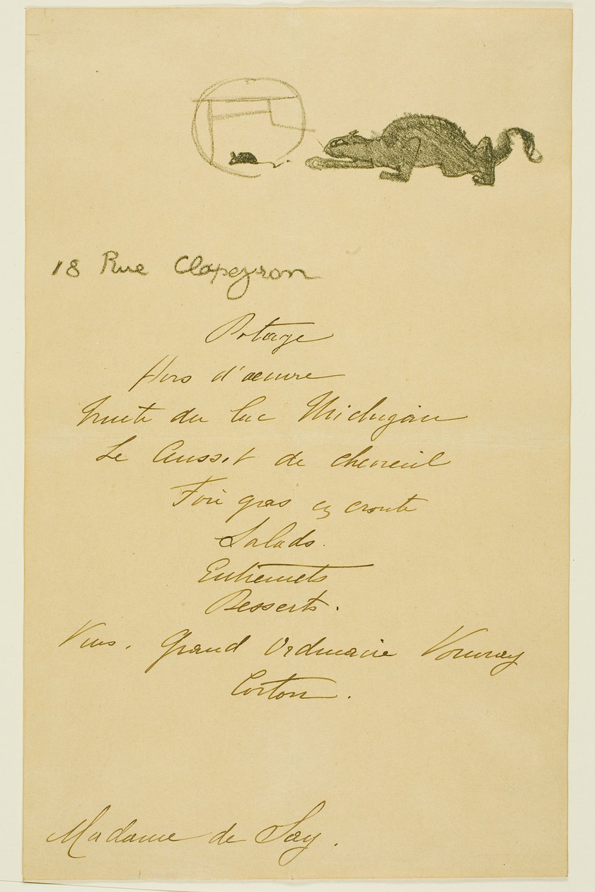 Menu na kolację wydaną przez May Belfort autorstwa Henri de Toulouse-Lautrec