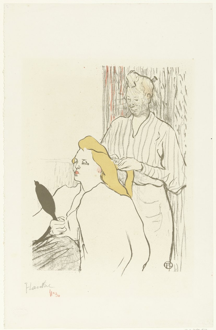 Fryzjer czesze włosy siedzącej kobiety z lustrem w dłoni Le coiffeur Program du Théâtre Libre autorstwa Henri de Toulouse Lautrec (signed by artist)