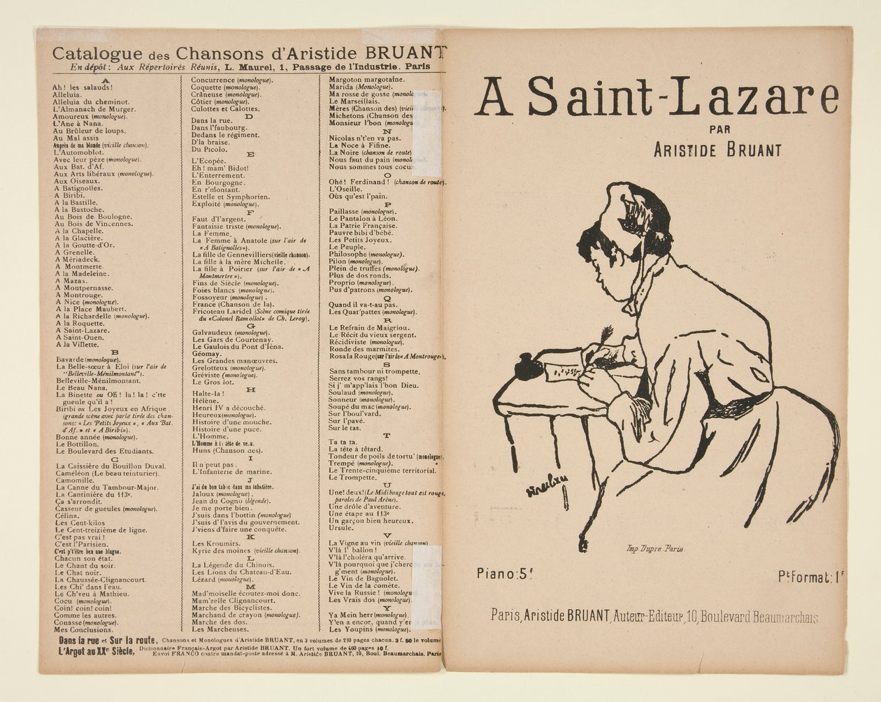 A Saint-Lazare, słowa i muzyka Aristide Bruant, okładka do nut autorstwa Henri de Toulouse Lautrec