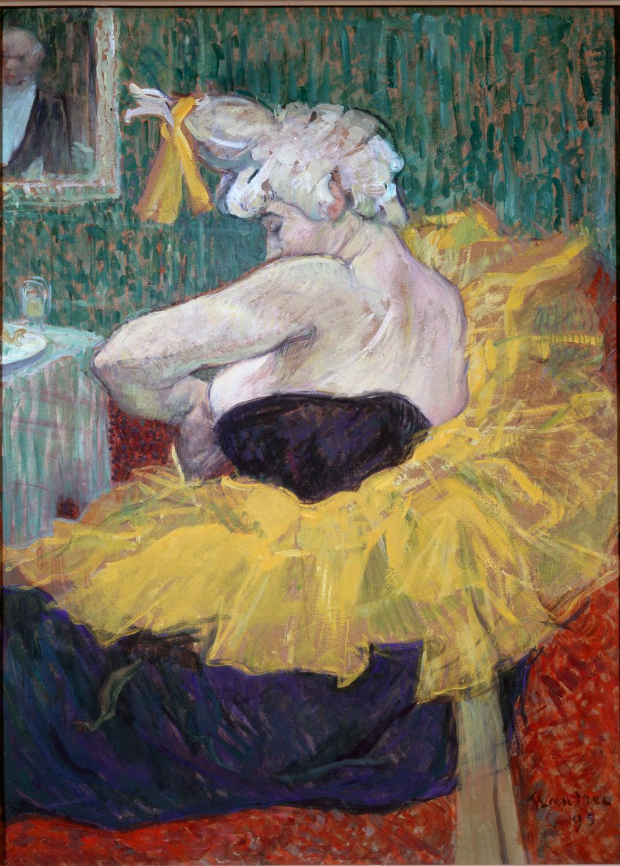 Cha-U-Kao w garderobie. Klaun Cha U Kao w żółtej spódniczce baletnicy w swojej garderobie w Moulin Rouge w Paryżu. Obraz Henri de Toulouse-Lautrec (Toulouse Lautrec autorstwa Henri de Toulouse Lautrec
