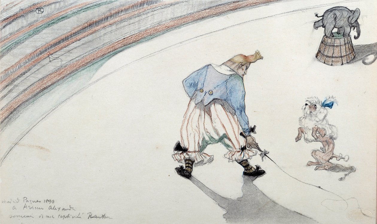 Scena cyrkowa: ujeżdżenie. Klaun z psem naukowcem i akrobatycznym słoniem. Rysunek Henri de Toulouse Lautrec (1864-1901) XIX-wieczny Albi, Musee de Toulouse Lautrec autorstwa Henri de Toulouse Lautrec