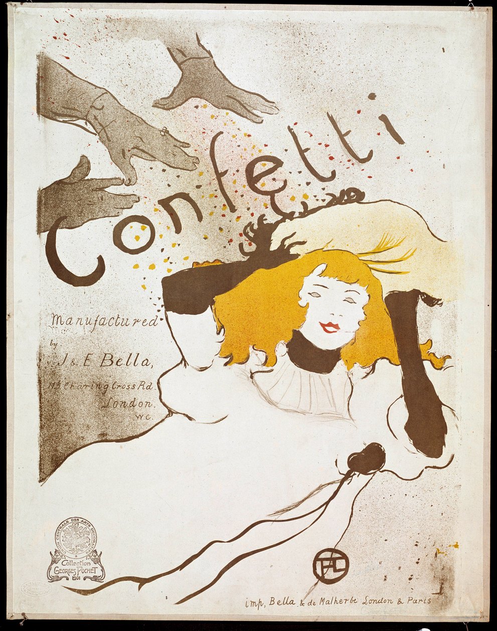 Konfetti: ręce rzucają konfetti na nadgarstki kobiety o żółtych włosach. Plakat autorstwa Henri de Toulouse-Lautreca (1864-1901). Ciemny. 0,54 x 0,39. 1893. Albi, Musee Toulouse Lautrec autorstwa Henri de Toulouse Lautrec