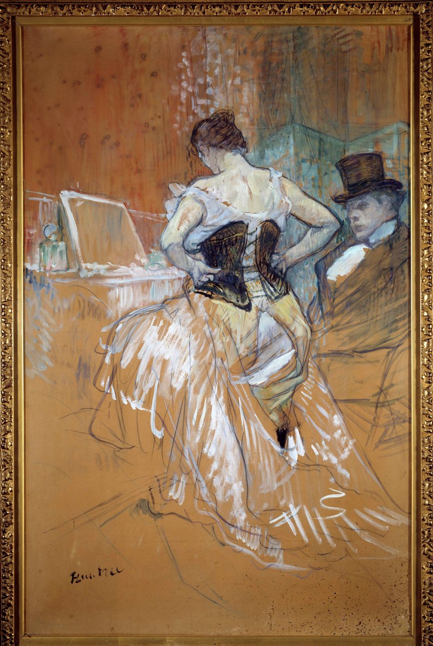 Conquete w drodze, kobieta w gorsecie Prostytutka ubiera się przed swoim klientem w burdelu. Pastel i rysunek Henri de Toulouse Lautrec (Toulouse-Lautrec autorstwa Henri de Toulouse Lautrec