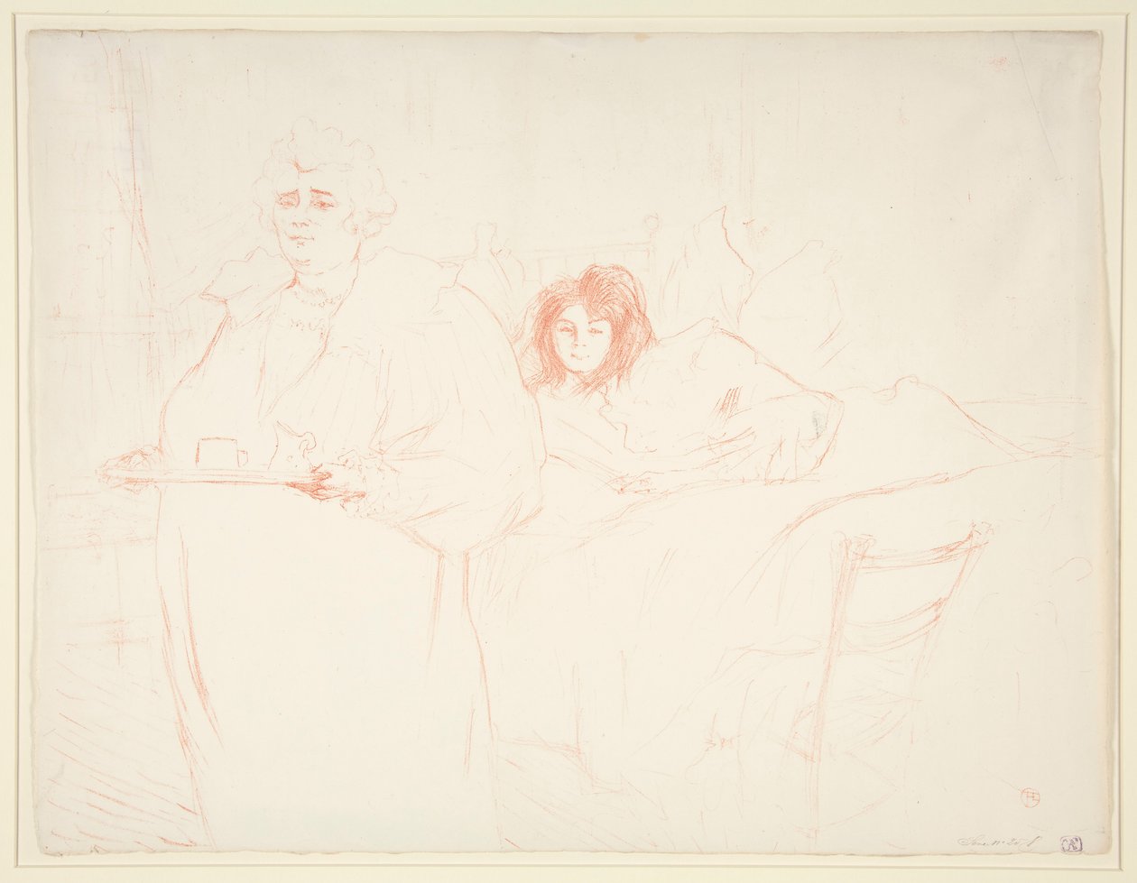 Kobieta z tacą, śniadanie, Madame Baron et Mademoiselle Popo (Kobieta z tacą, Śniadanie, Madame Baron i Mademoiselle Popo), z serii Elles autorstwa Henri de Toulouse Lautrec