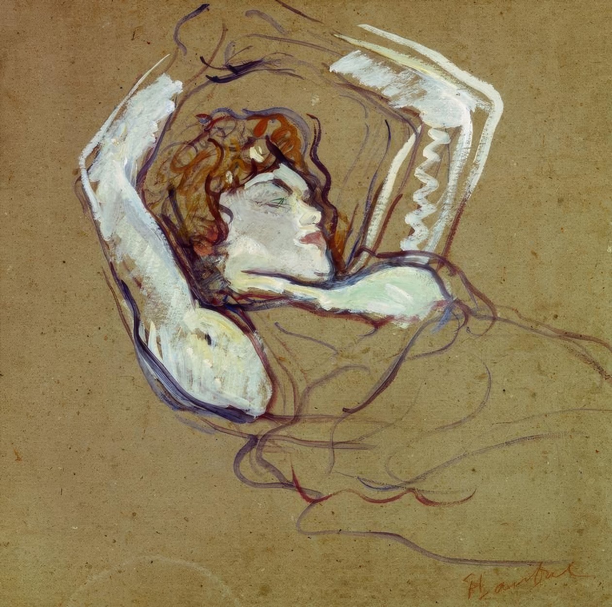 Kobieta leżąca na plecach z podniesionymi rękami autorstwa Henri de Toulouse Lautrec