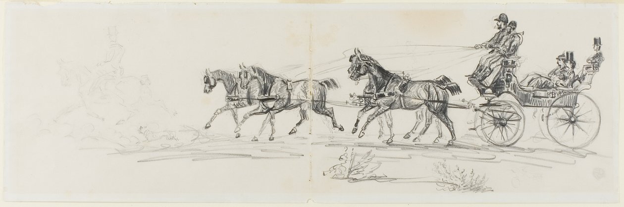 bryczka konna poprzedzona pojedynczym jeźdźcem (recto); Mężczyzna na koniu z kocem i szkicami głów, koni i łuku triumfalnego (verso) autorstwa Henri de Toulouse Lautrec