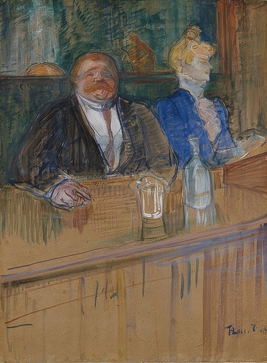 W kawiarni. Szef i bielona kasjerka. (Au café: le patron et la caissière chlorotique). 1898 autorstwa Henri de Toulouse Lautrec