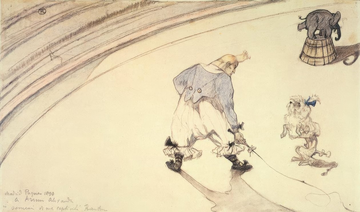 W cyrku: Klaun Footit z pudelkiem i słoniem autorstwa Henri de Toulouse Lautrec